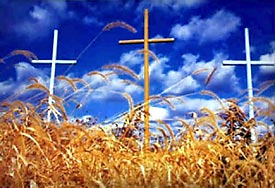 Jesus was crucified on a cross at Calvary.